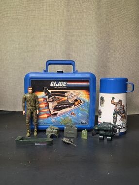 Vintage 1989 Aladdin G.I. Joe Blue Lunch Box With Matching Thermos And Figures